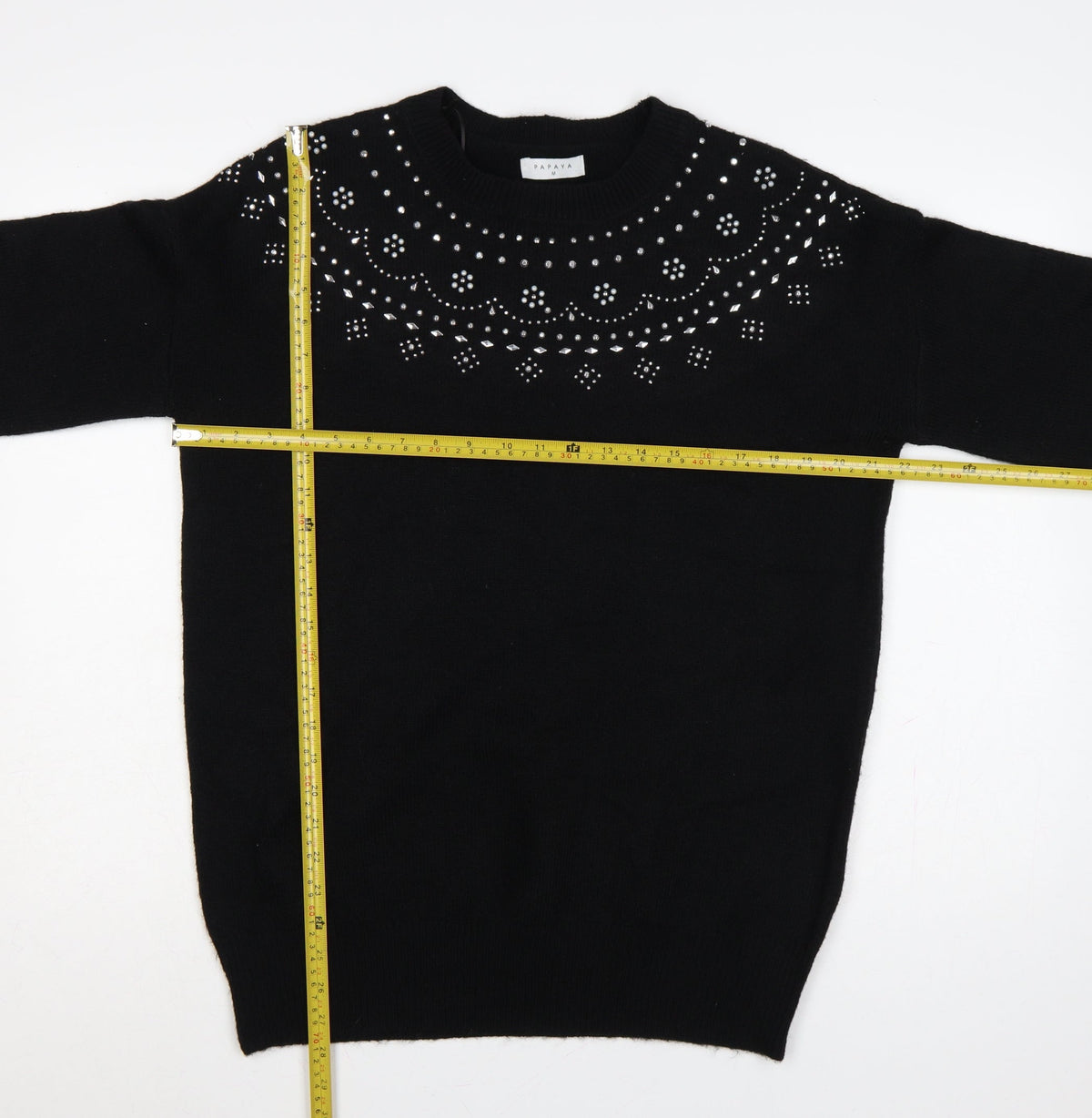 Back view of Papaya Women’s Black M Rhinestone Embellished Crew Neck Knit Jumper