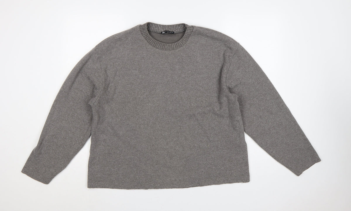 Zara Women Grey L Fine Knit Crew Neck Long Sleeve Pullover Jumper