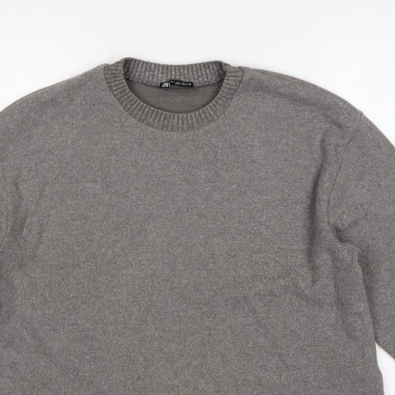 Zara Women Grey L Fine Knit Crew Neck Long Sleeve Pullover Jumper