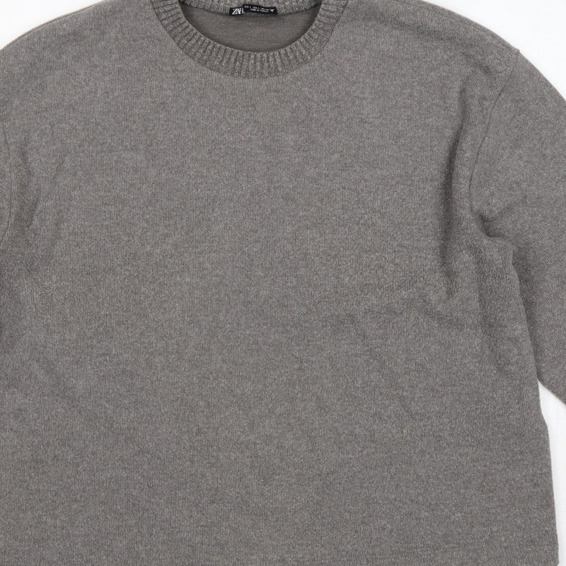Zara Women Grey L Fine Knit Crew Neck Long Sleeve Pullover Jumper
