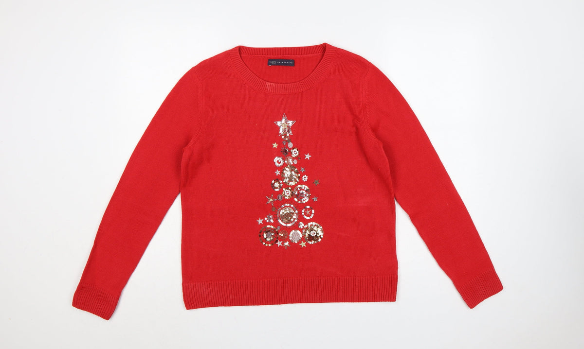 Marks & Spencer Women Red M Christmas Sequin Tree Raglan Jumper