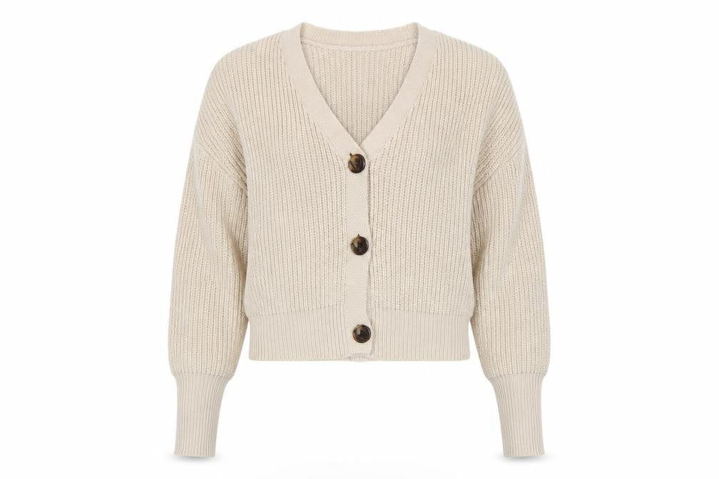Vero Moda Women’s Beige S Chunky Knit V-Neck Button Cardigan
