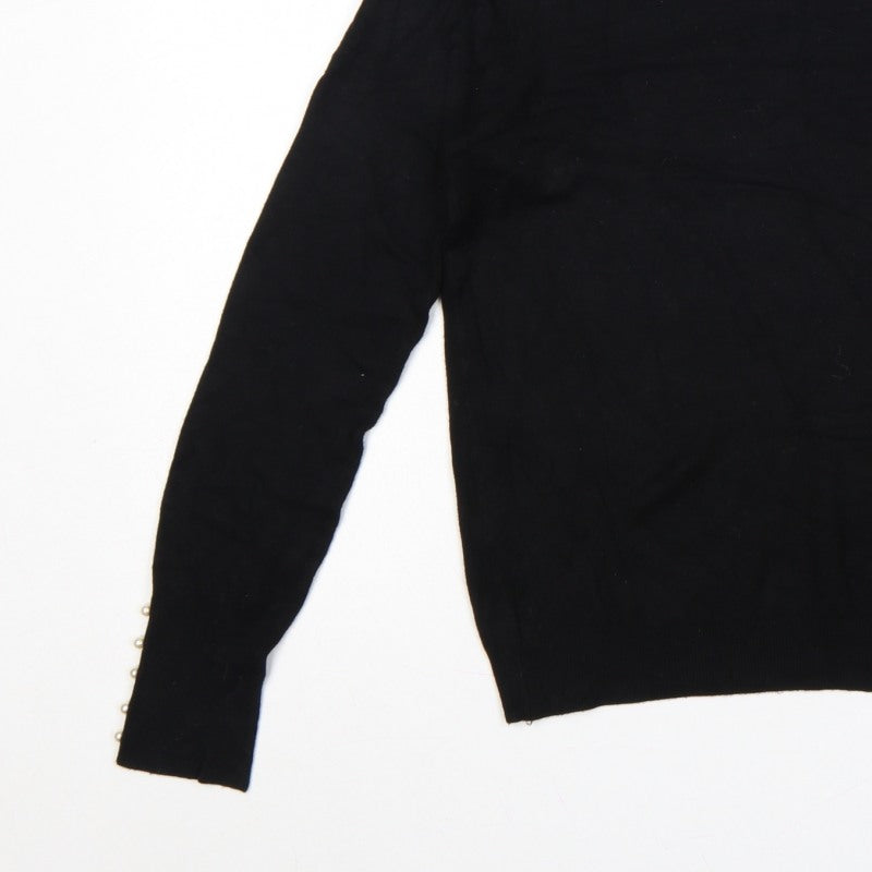Zara Women Black L Crew Neck Pearl Cuff Knit Pullover Jumper