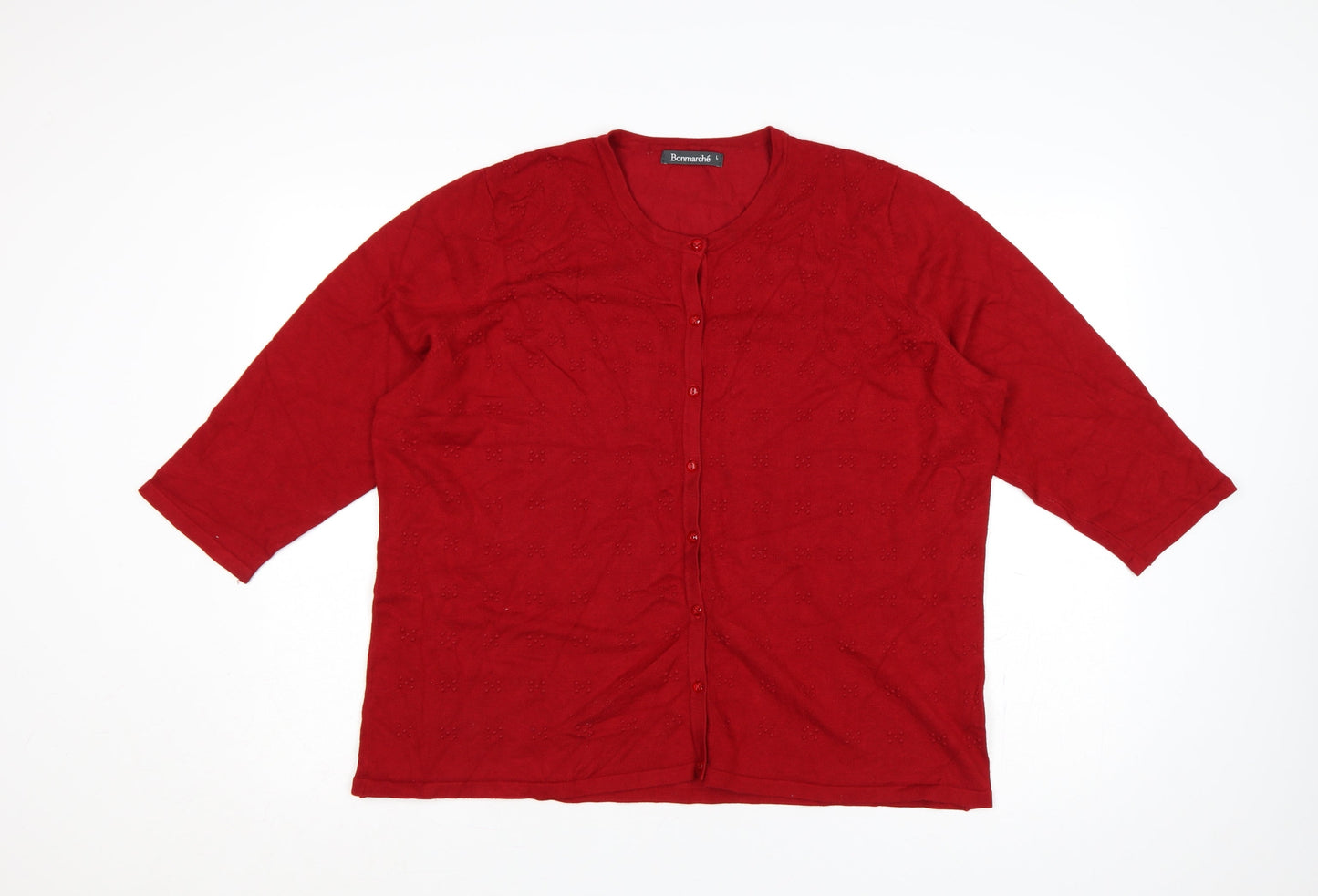 Bonmarché Women Red L Button 3/4 Sleeve Geometric Knit Cardigan