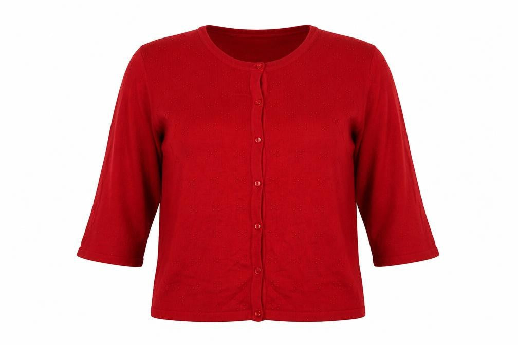 Bonmarché Women Red L Button 3/4 Sleeve Geometric Knit Cardigan