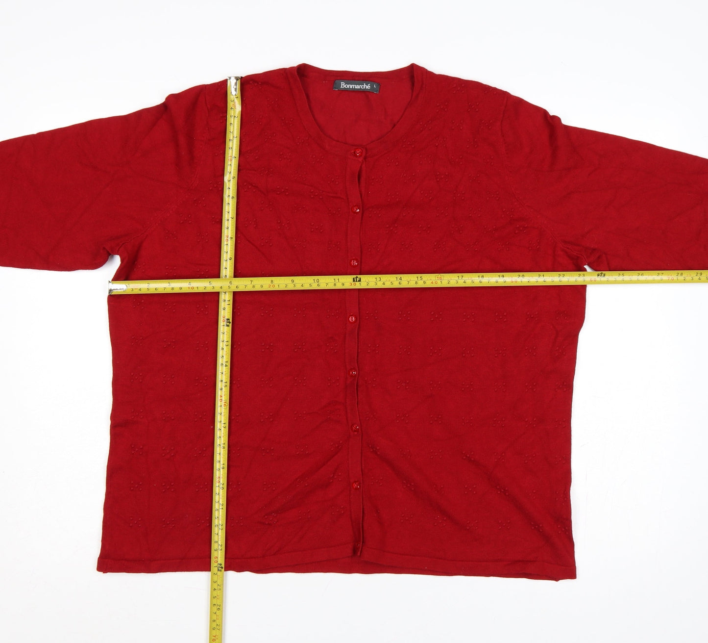 Bonmarché Women Red L Button 3/4 Sleeve Geometric Knit Cardigan