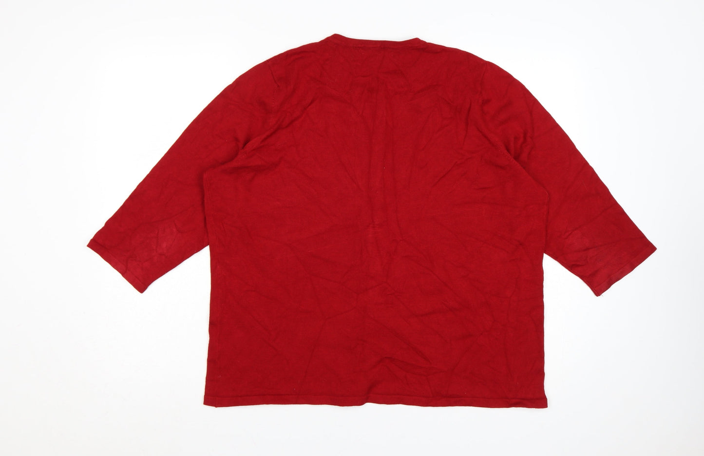 Bonmarché Women Red L Button 3/4 Sleeve Geometric Knit Cardigan