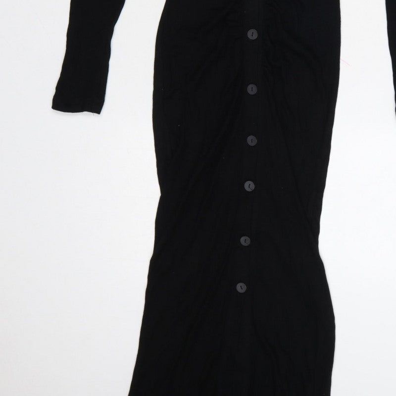 Stradivarius Women Black S Long Knit Collared Button Maxi Jumper Dress