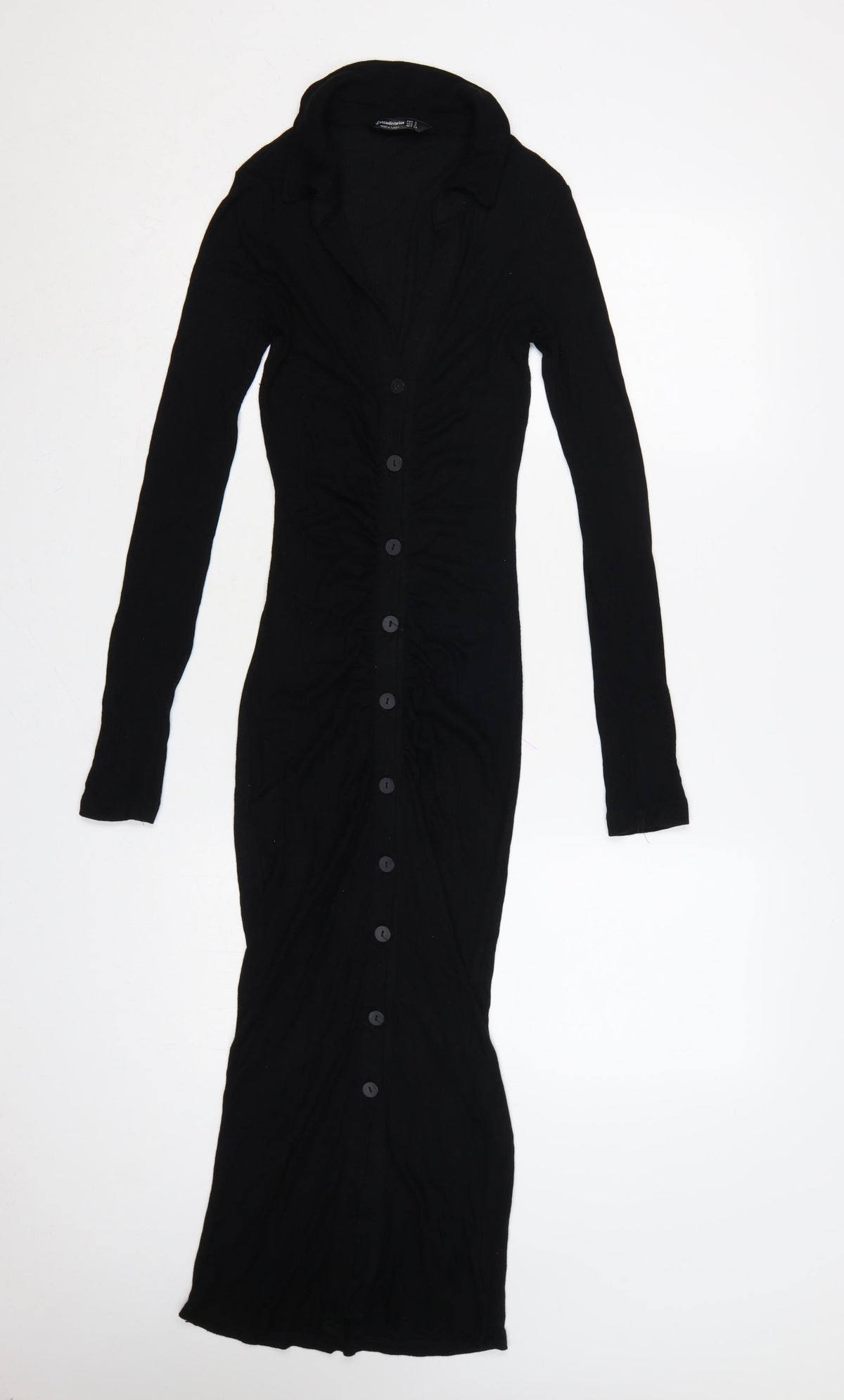 Stradivarius Women Black S Long Knit Collared Button Maxi Jumper Dress