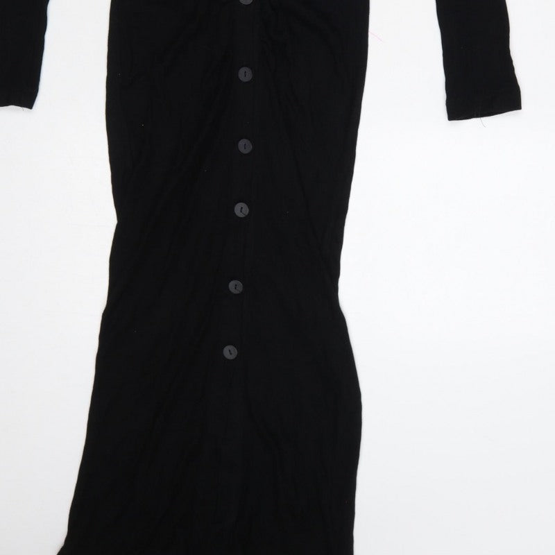 Stradivarius Women Black S Long Knit Collared Button Maxi Jumper Dress