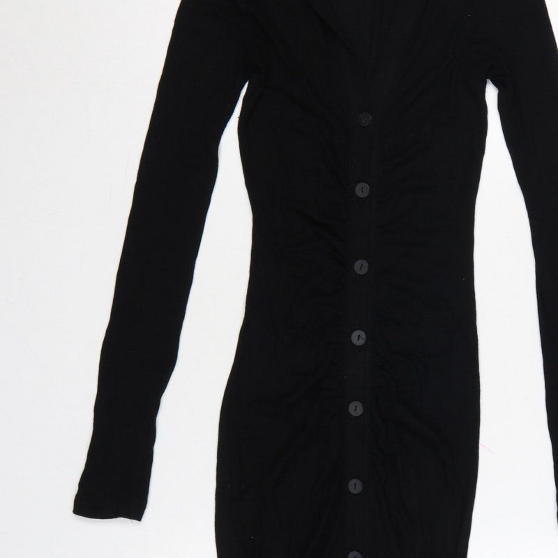 Stradivarius Women Black S Long Knit Collared Button Maxi Jumper Dress