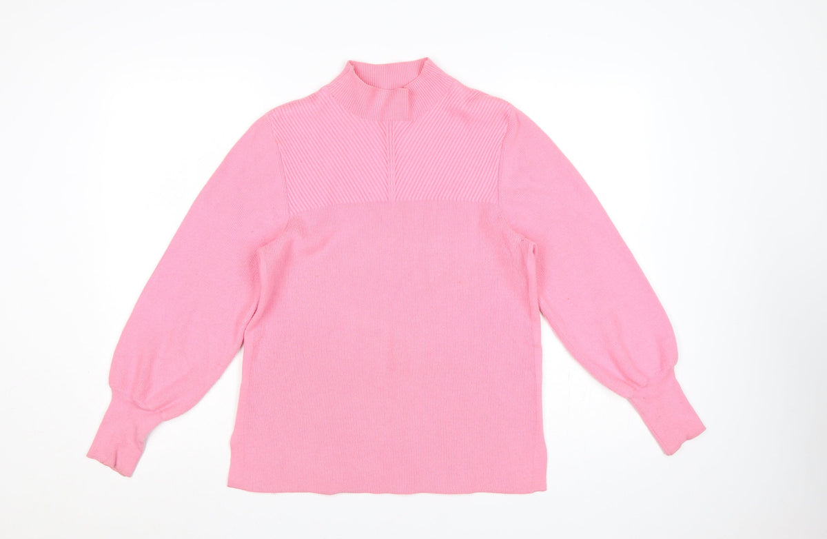 Marks & Spencer Women Pink M Rib Knit Mock Neck Balloon Sleeve Jumper