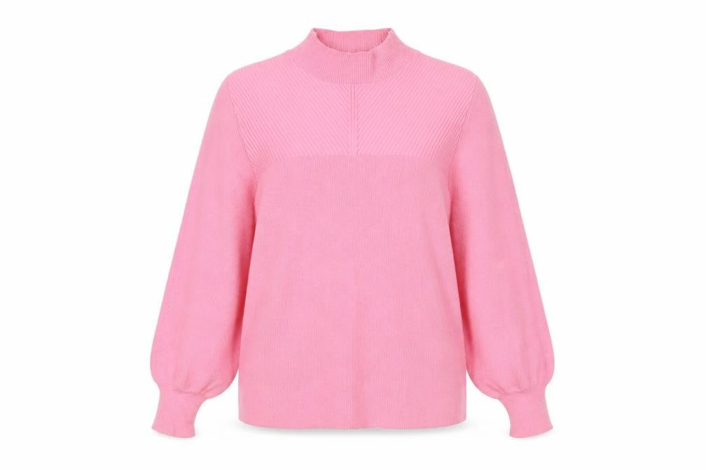 Marks & Spencer Women Pink M Rib Knit Mock Neck Balloon Sleeve Jumper