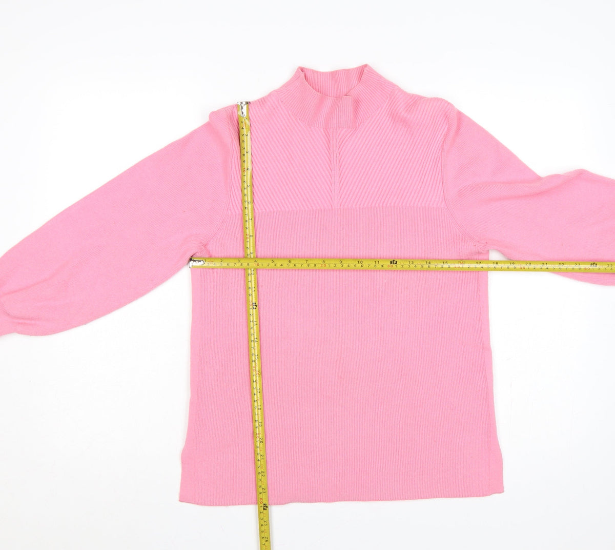 Marks & Spencer Women Pink M Rib Knit Mock Neck Balloon Sleeve Jumper