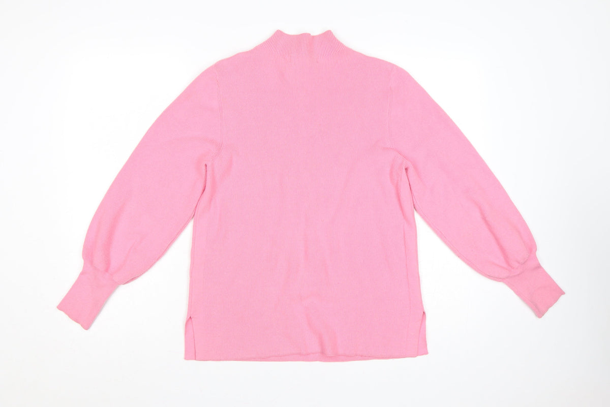 Marks & Spencer Women Pink M Rib Knit Mock Neck Balloon Sleeve Jumper