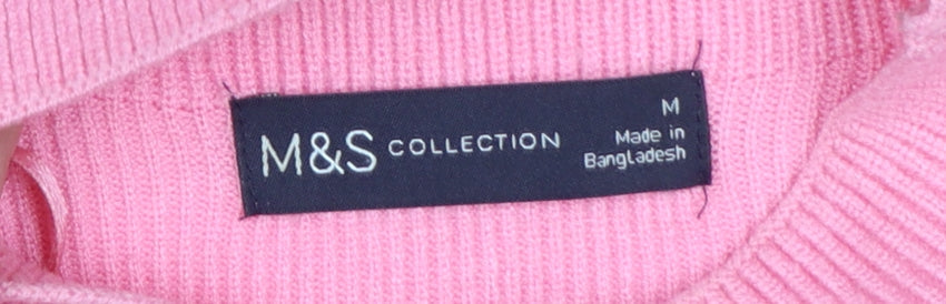 Marks & Spencer Women Pink M Rib Knit Mock Neck Balloon Sleeve Jumper