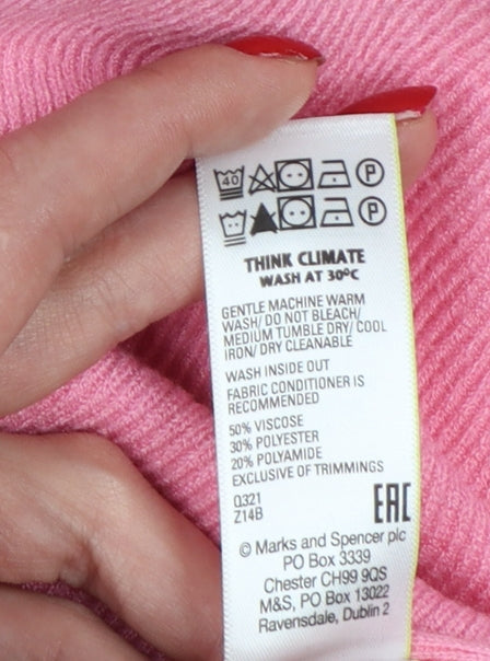 Marks & Spencer Women Pink M Rib Knit Mock Neck Balloon Sleeve Jumper