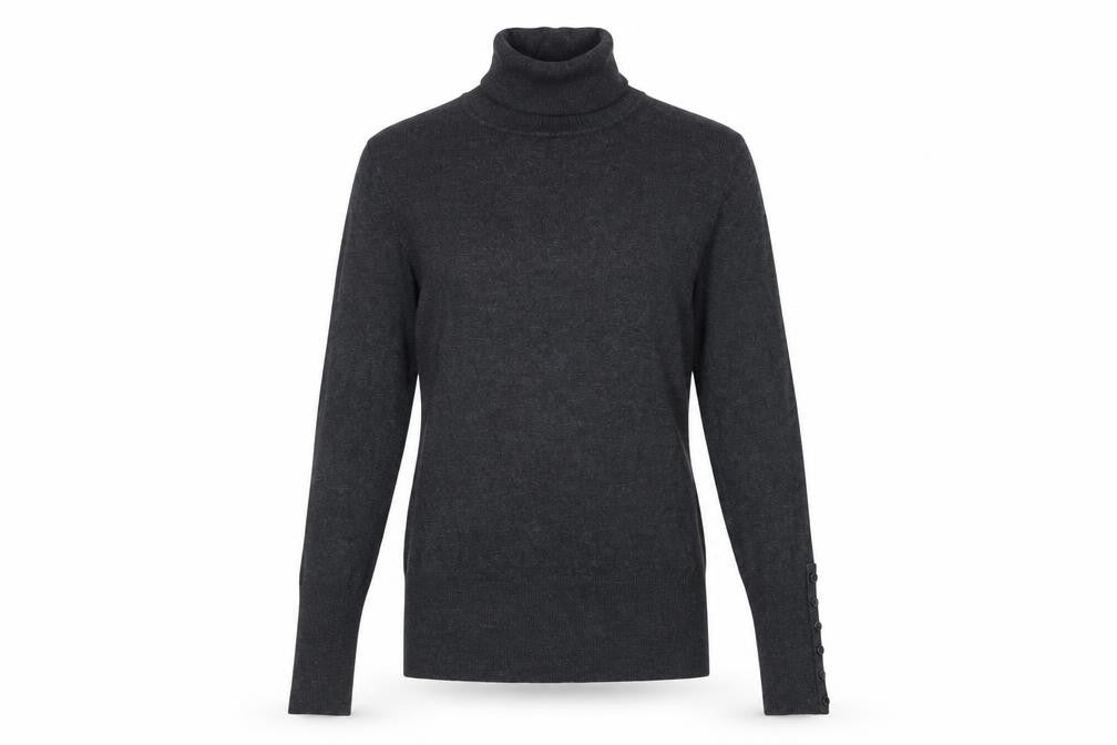 Zara Women Grey M Roll Neck Knit Pullover Button Cuffs