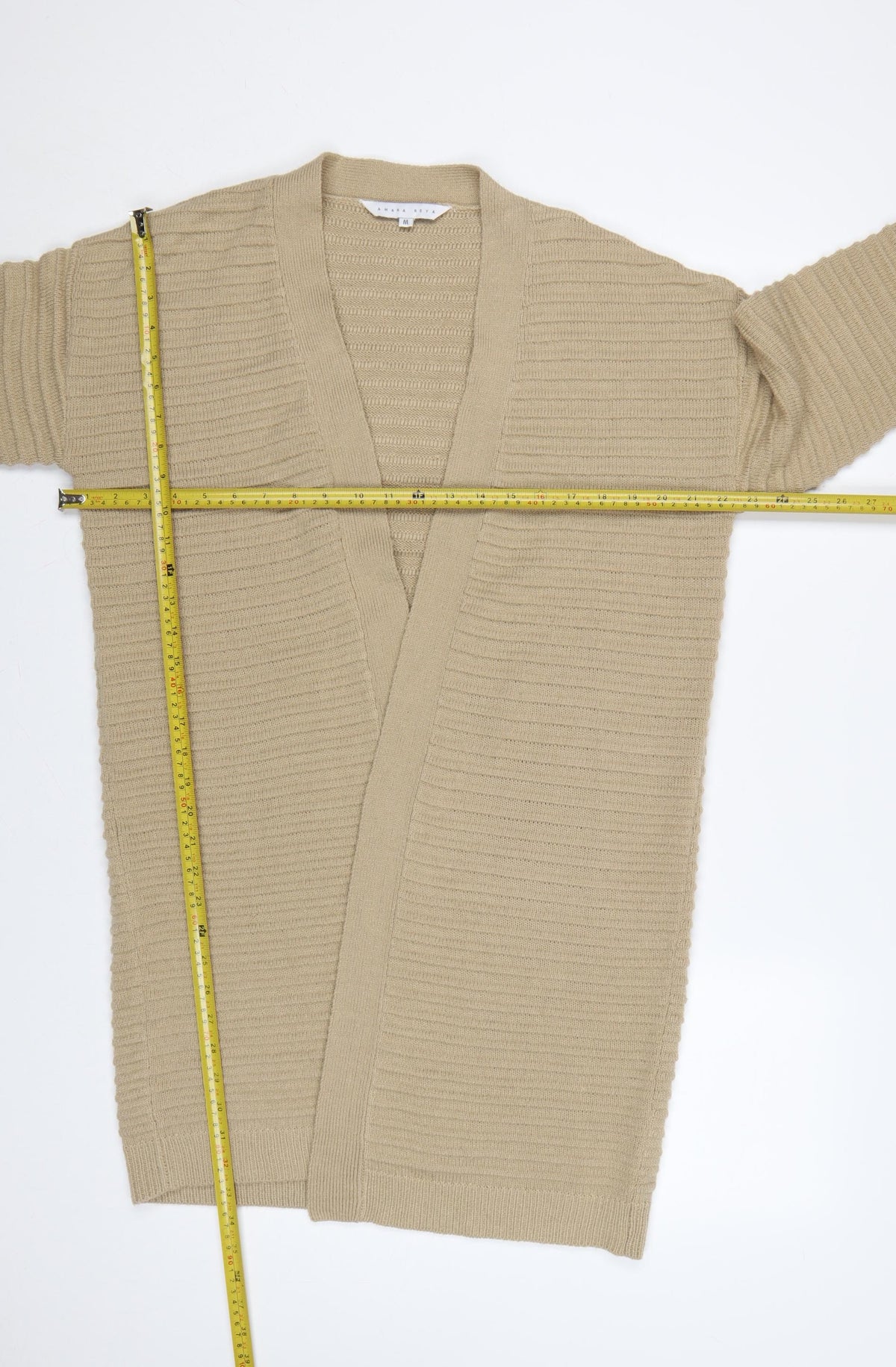 Amara Reya Women Beige M Open Knit Longline Cardigan V-Neck