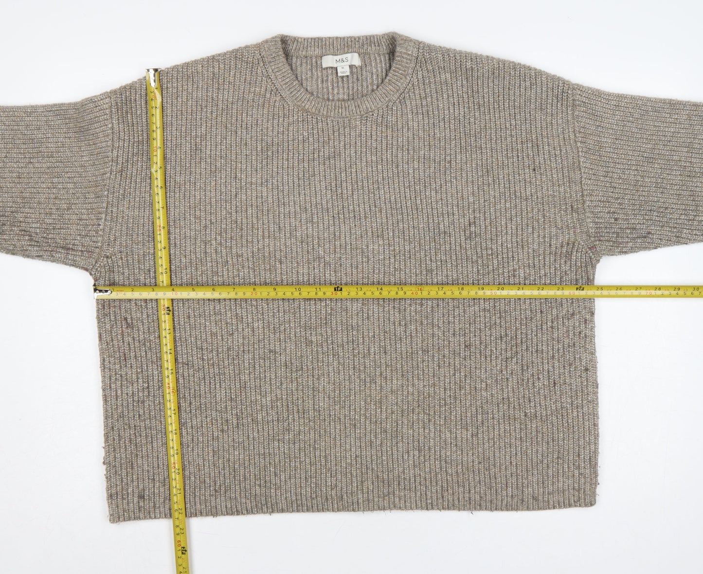 Marks and Spencer Women Beige XL Rib Knit Crew Neck Pullover Jumper