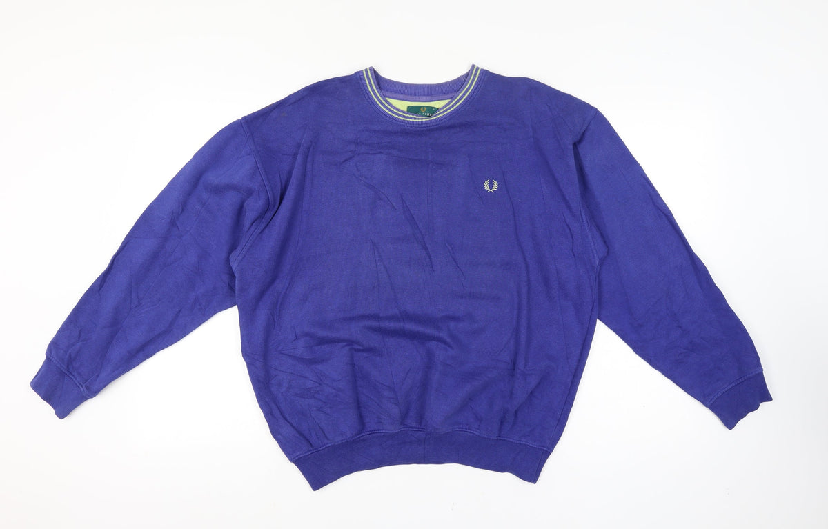 Back view of Fred Perry Vintage Men’s Blue L Crew Neck Embroidered Logo Sweatshirt