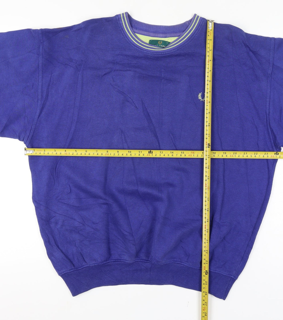 Close-up detail of Fred Perry Vintage Men’s Blue L Crew Neck Embroidered Logo Sweatshirt
