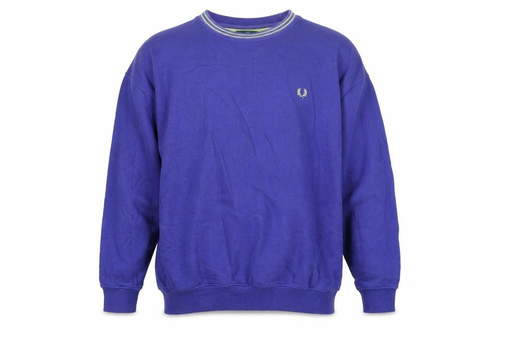 Front view of Fred Perry Vintage Men’s Blue L Crew Neck Embroidered Logo Sweatshirt
