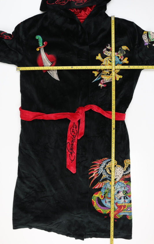 Ed Hardy Men's Black One Size Hooded Velour Tattoo Skull Robe