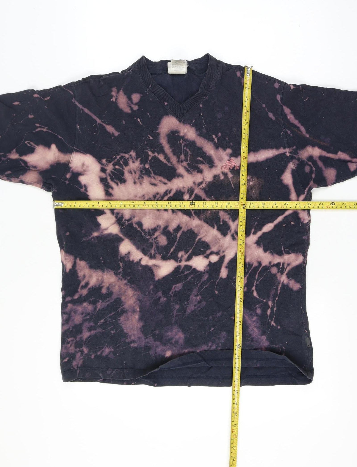 Close-up detail of Adidas Men’s Large Black Bleach Dye V-Neck Short Sleeve T-Shirt