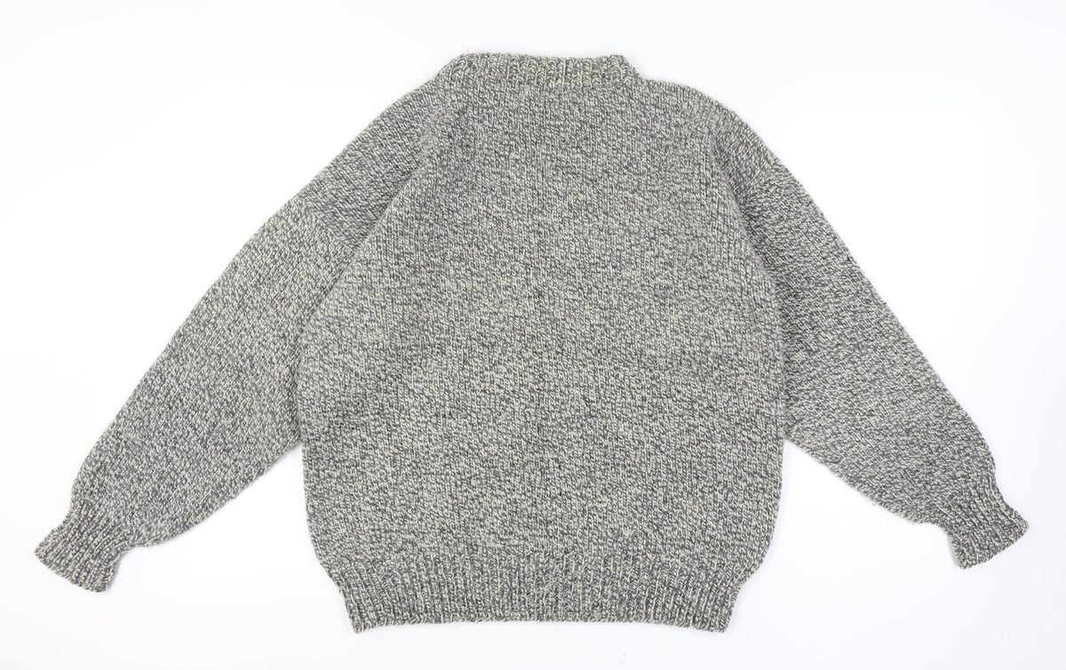 Back view of men’s grey vintage grandad cable knit crew neck long sleeve jumper