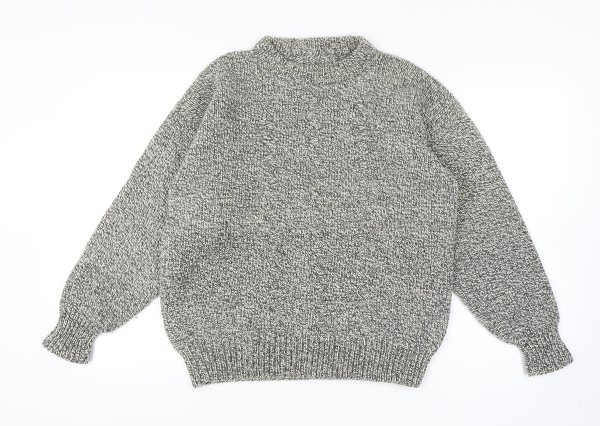 Brand and care label for men’s grey vintage grandad cable knit crew neck long sleeve jumper