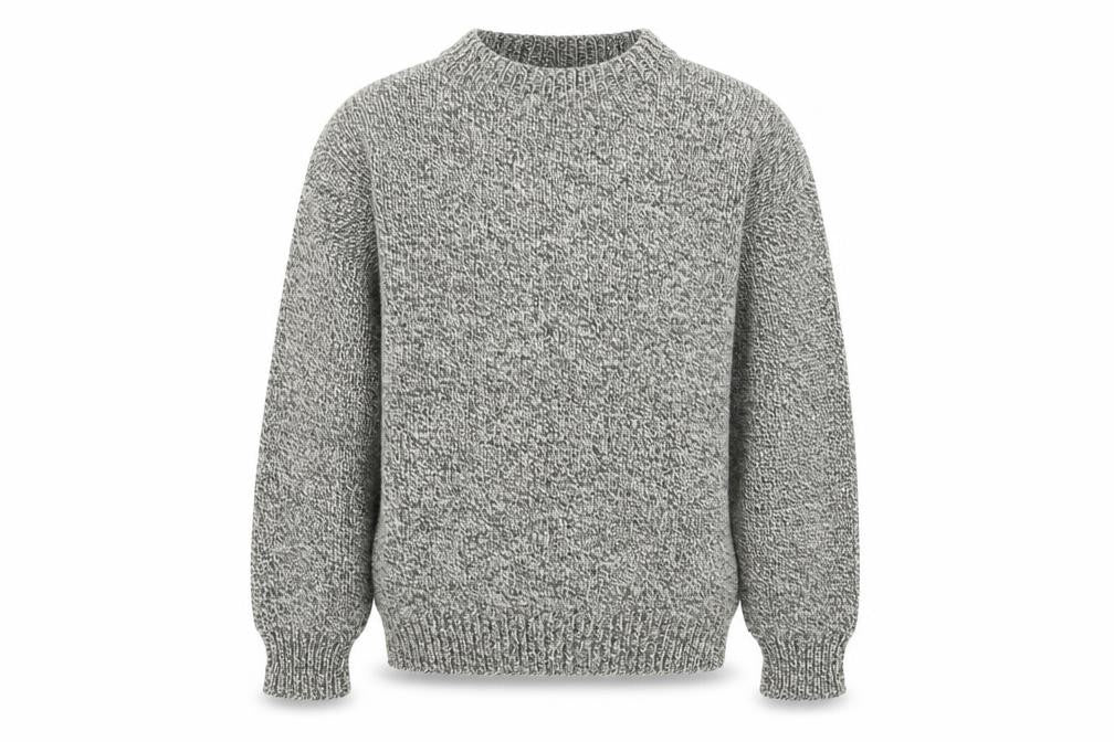 Front view of men’s grey vintage grandad cable knit crew neck long sleeve jumper