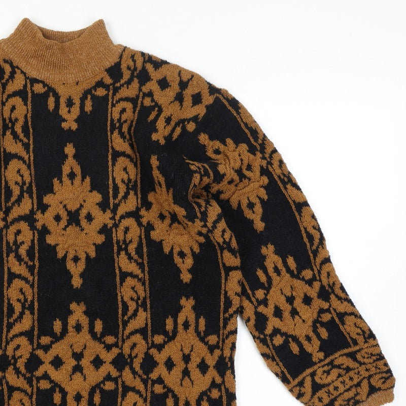 Sen Sation Size 14 Women’s Black Brown Aztec High Neck Knit Jumper
