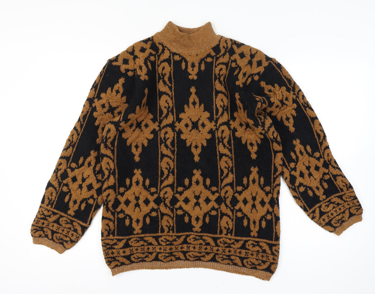 Sen Sation Size 14 Women’s Black Brown Aztec High Neck Knit Jumper
