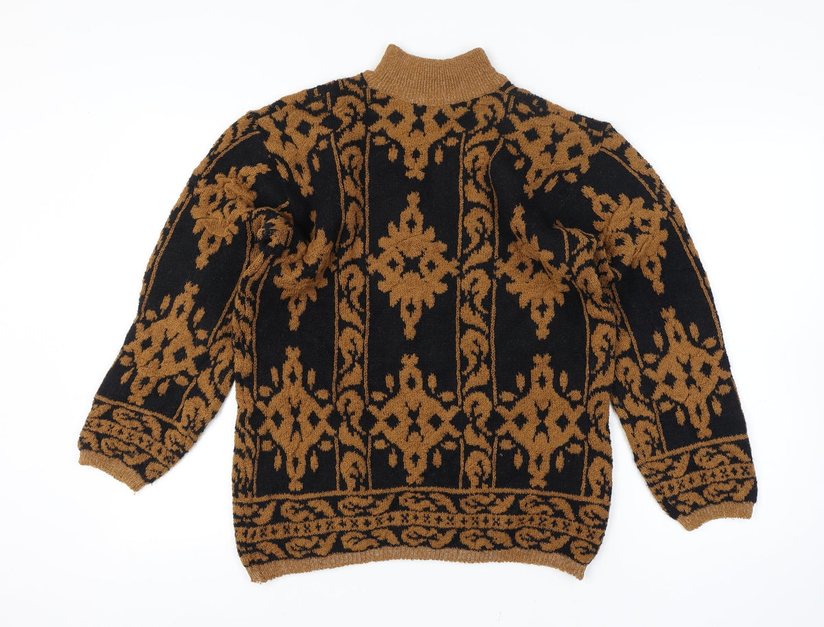 Sen Sation Size 14 Women’s Black Brown Aztec High Neck Knit Jumper