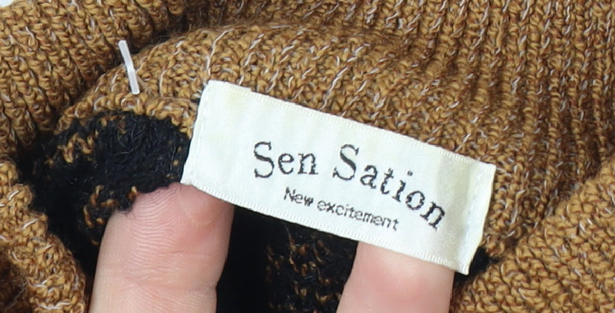 Sen Sation Size 14 Women’s Black Brown Aztec High Neck Knit Jumper