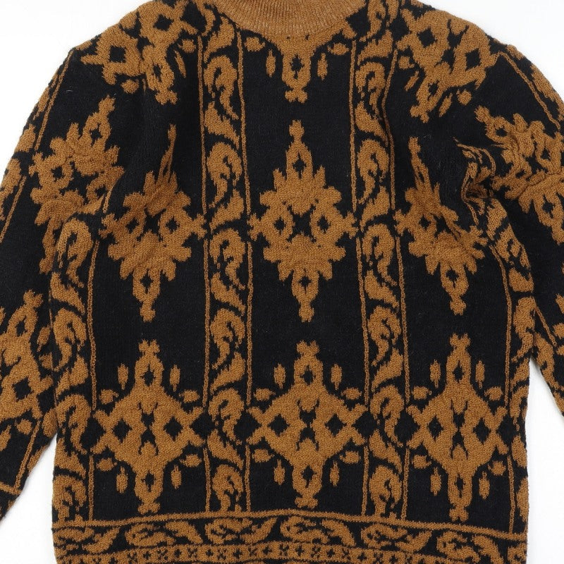 Sen Sation Size 14 Women’s Black Brown Aztec High Neck Knit Jumper