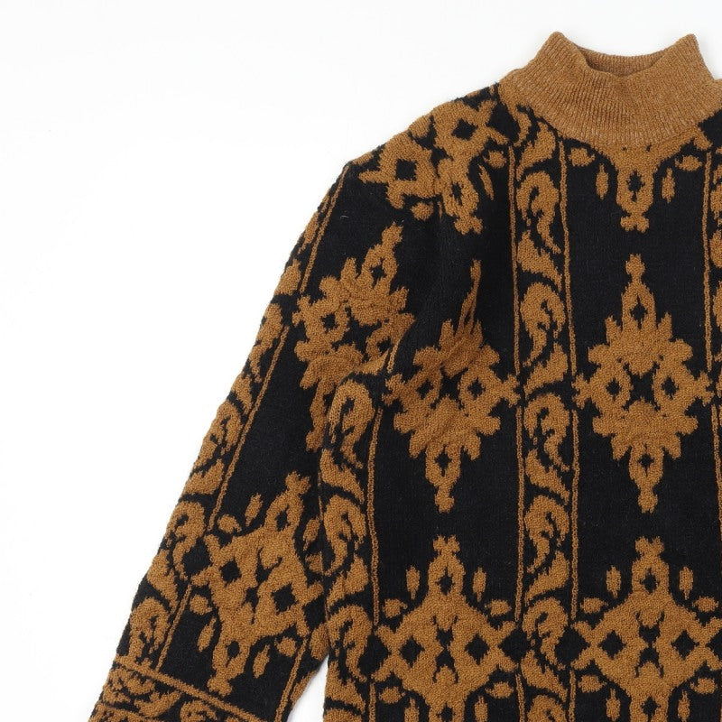 Sen Sation Size 14 Women’s Black Brown Aztec High Neck Knit Jumper