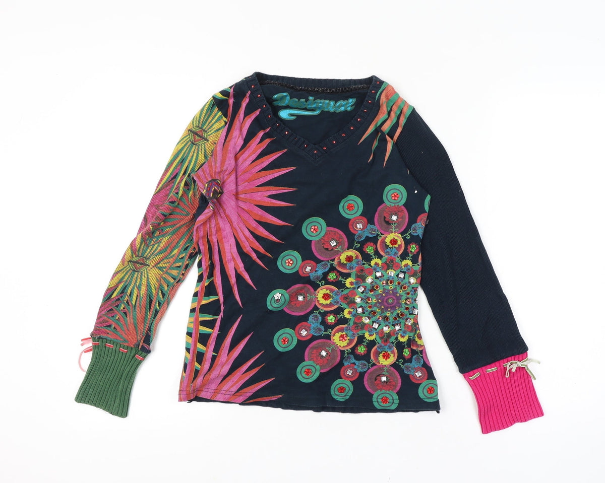 Desigual Women Multicoloured 10-12 Floral V-Neck Long Sleeve Jersey Top