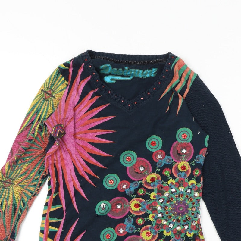 Desigual Women Multicoloured 10-12 Floral V-Neck Long Sleeve Jersey Top