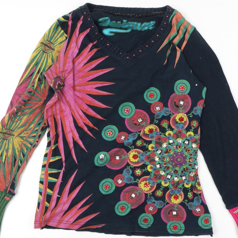 Desigual Women Multicoloured 10-12 Floral V-Neck Long Sleeve Jersey Top
