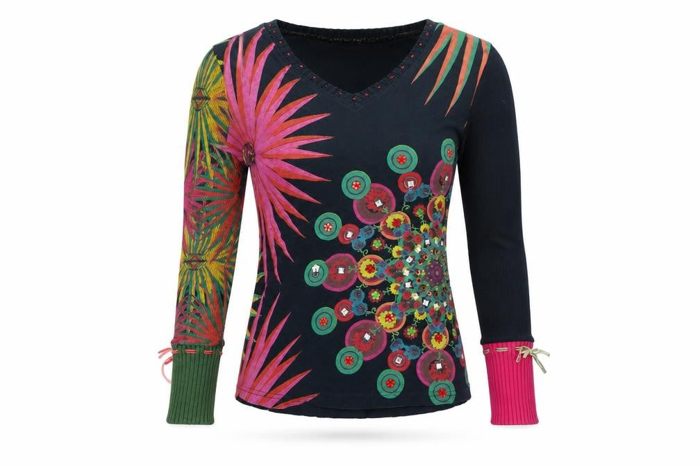 Desigual Women Multicoloured 10-12 Floral V-Neck Long Sleeve Jersey Top