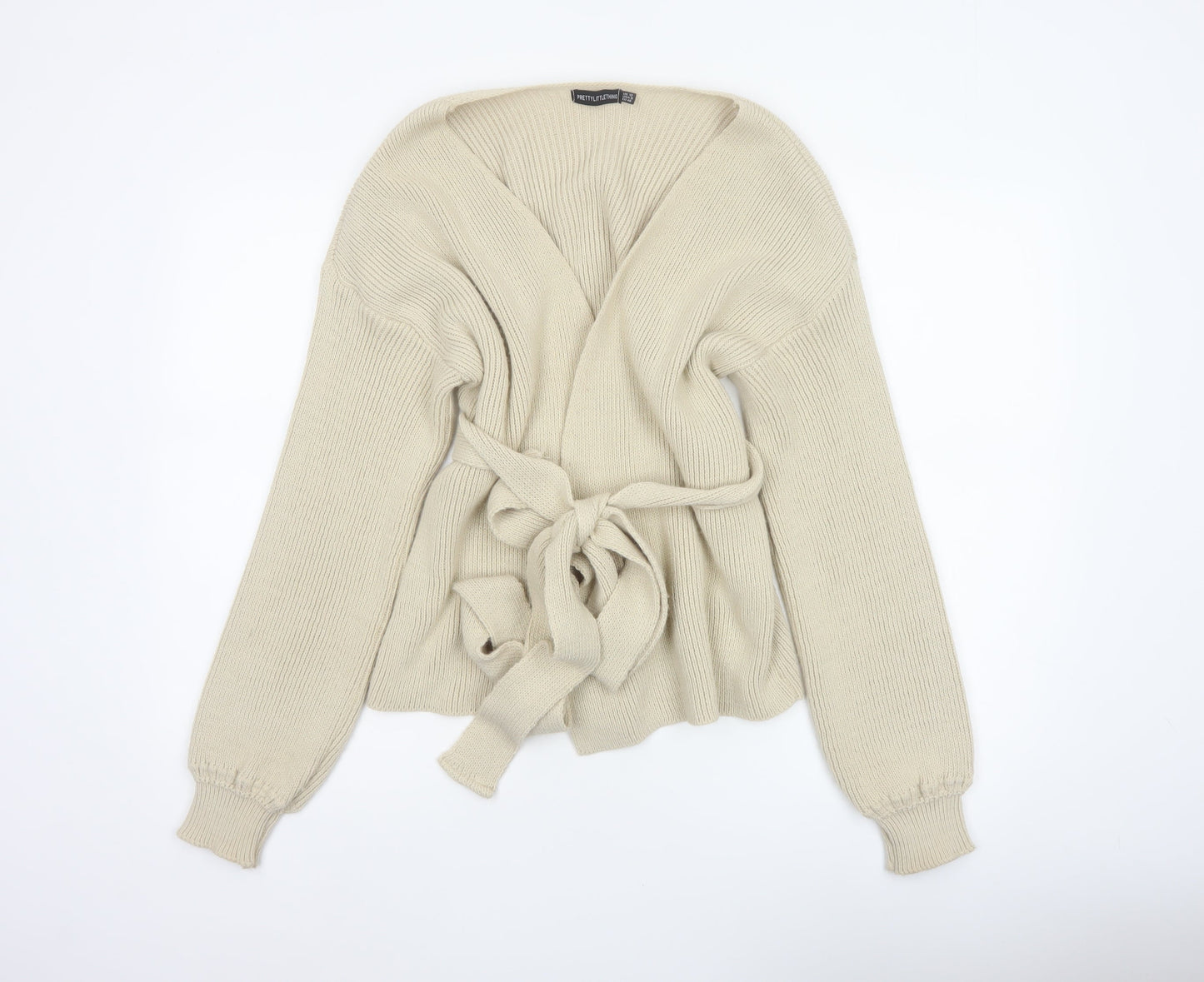PrettyLittleThing Women Ivory UK 12 Belted Knit Wrap Cardigan