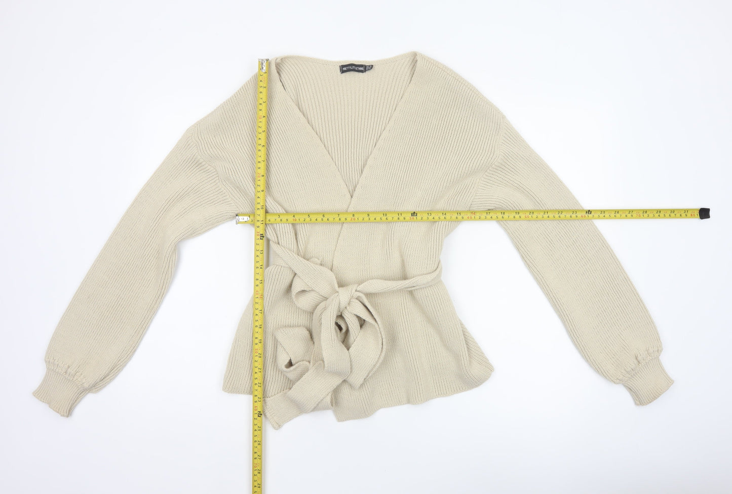 PrettyLittleThing Women Ivory UK 12 Belted Knit Wrap Cardigan