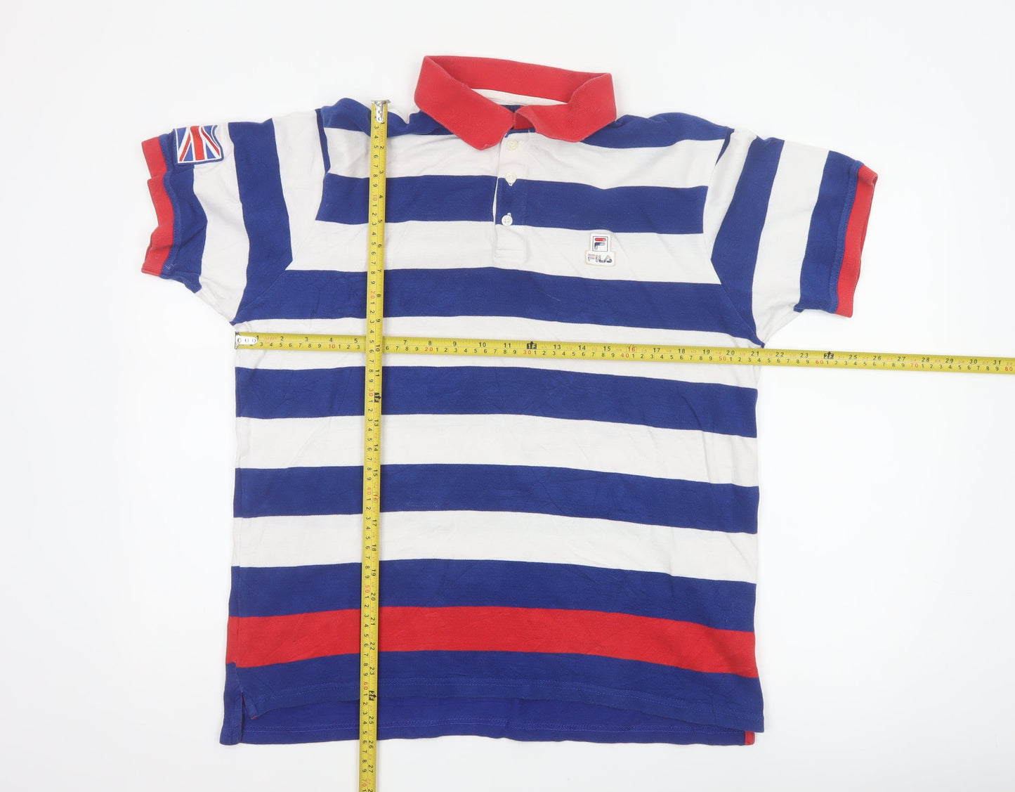 FILA Men’s L Blue White Red Striped Cotton Flag Logo Polo Shirt
