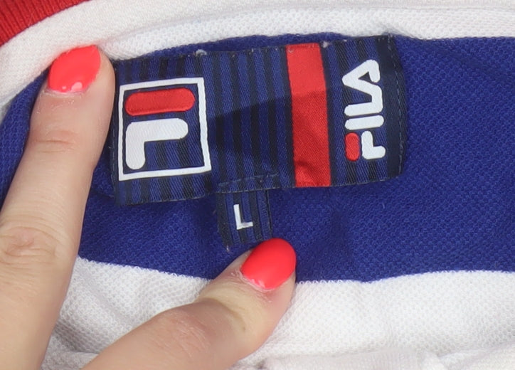 FILA Men’s L Blue White Red Striped Cotton Flag Logo Polo Shirt