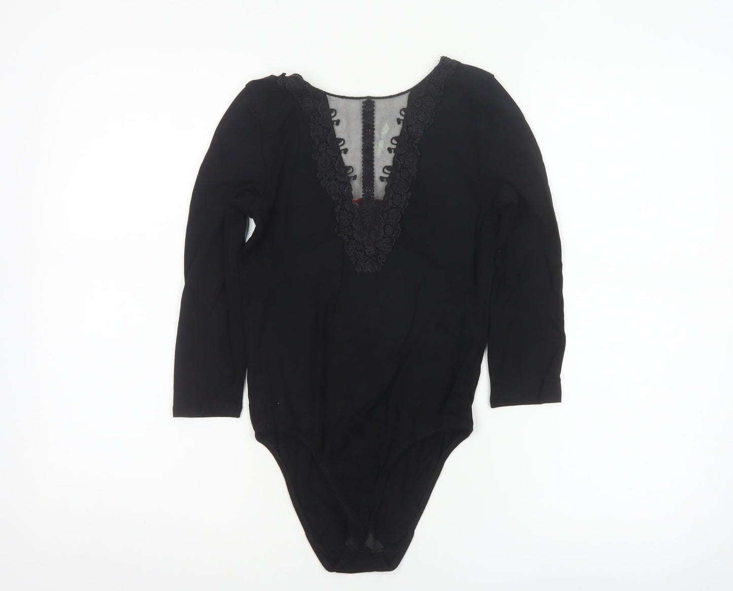 Jennifer Women's Black UK 8 Lace Mesh V-Neck Long Sleeve Bodysuit