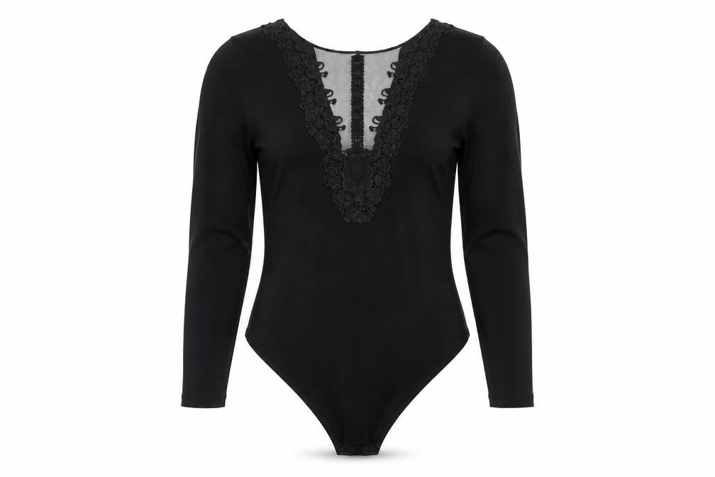 Jennifer Women's Black UK 8 Lace Mesh V-Neck Long Sleeve Bodysuit