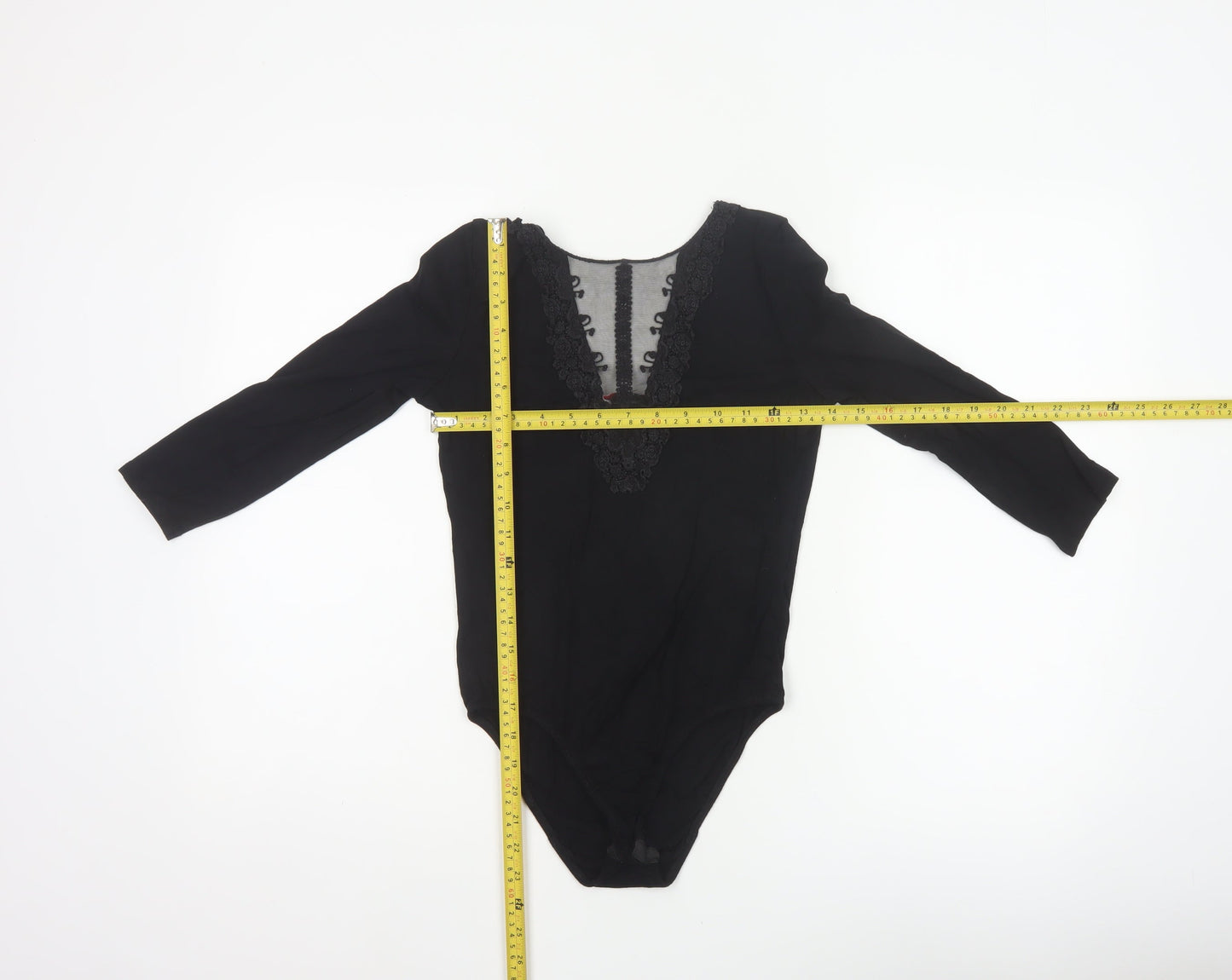Jennifer Women's Black UK 8 Lace Mesh V-Neck Long Sleeve Bodysuit
