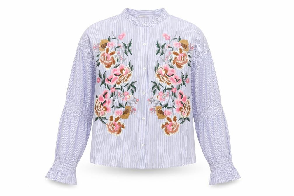 Zara Women Blue Stripe Floral Embroidered Button-Up Shirt XS